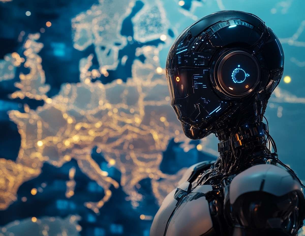 En robotliknande figur med glänsande ytor mot en bakgrund av en ljusfylld Europakarta, illustrerar AI-assistenten Le Chat.