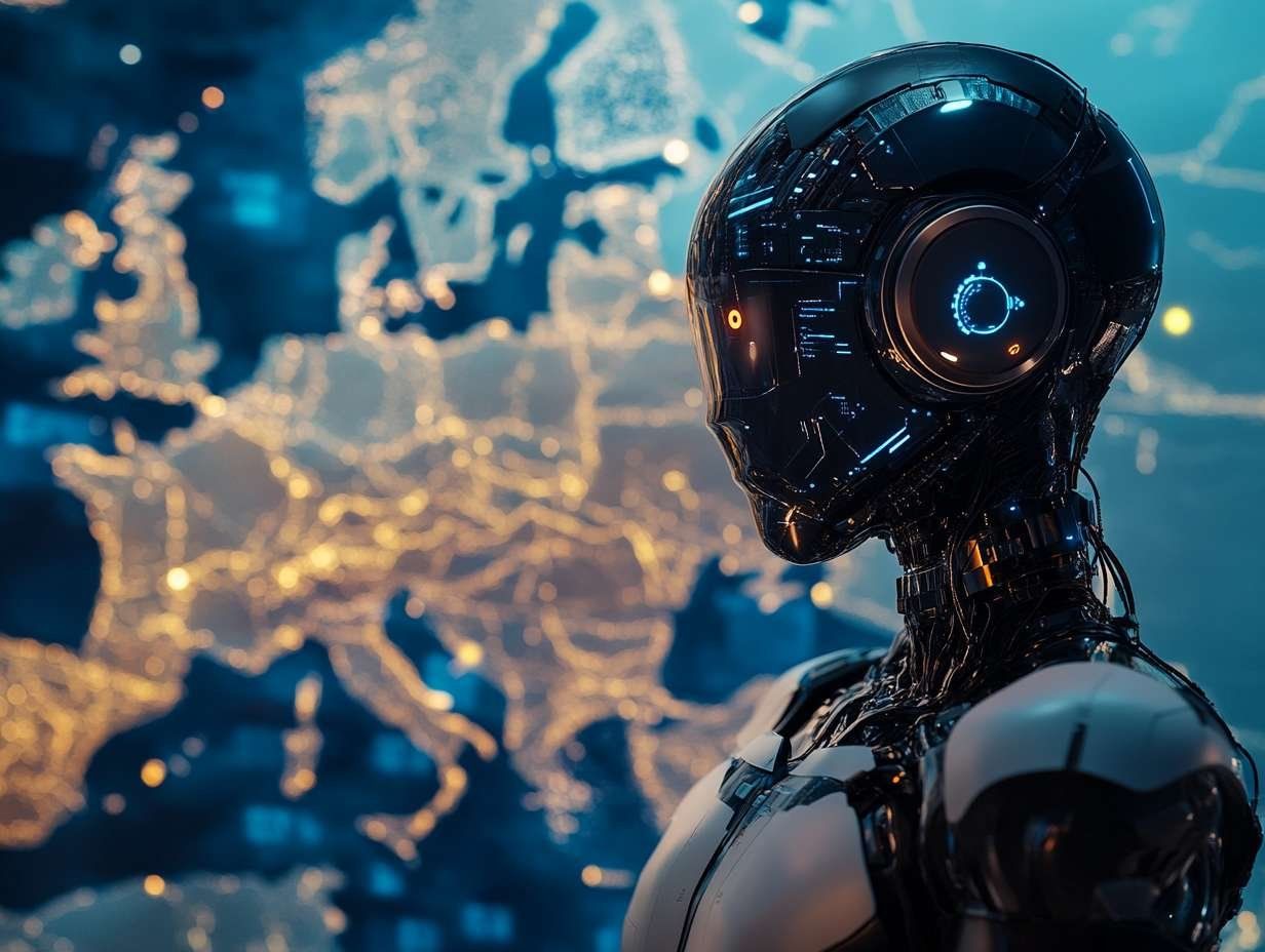 En robotliknande figur med glänsande ytor mot en bakgrund av en ljusfylld Europakarta, illustrerar AI-assistenten Le Chat.