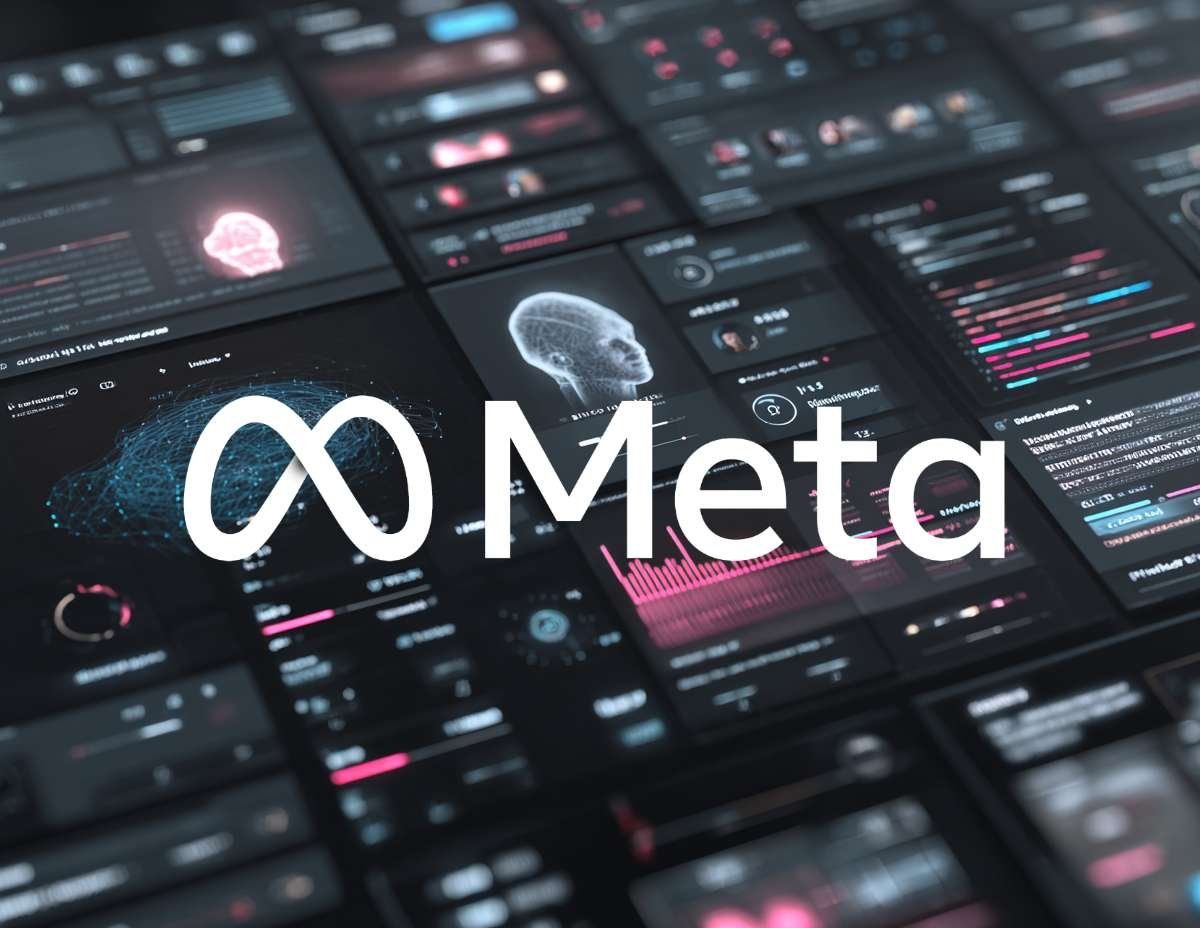 Logotypen för Meta i vitt ovanpå olika mörka skärmar som visar data och nätverk, som illustrerar AI-funktioner.