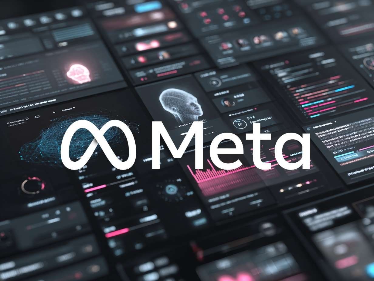 Logotypen för Meta i vitt ovanpå olika mörka skärmar som visar data och nätverk, som illustrerar AI-funktioner.