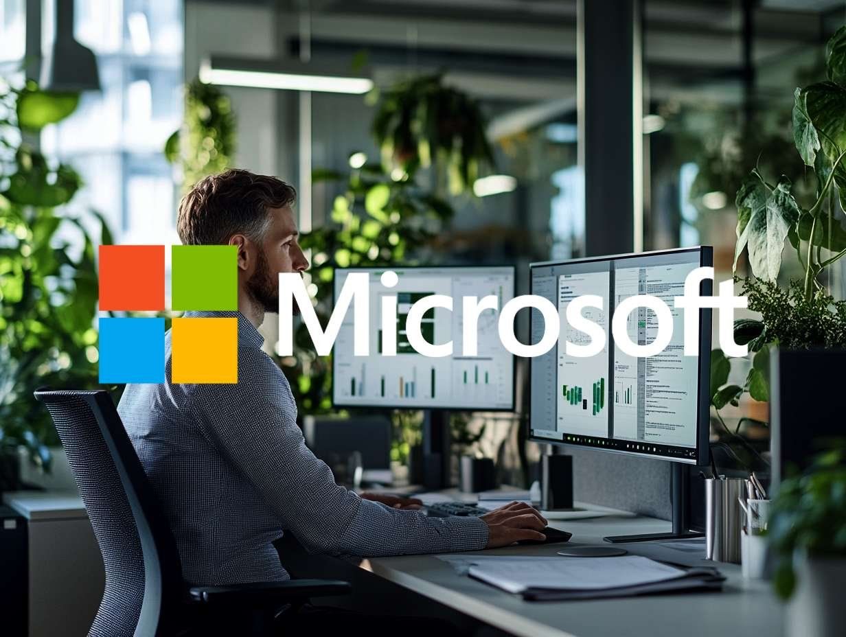 En man sitter vid ett skrivbord med två datorskärmar. Microsofts logotyp och text är överlagrade.