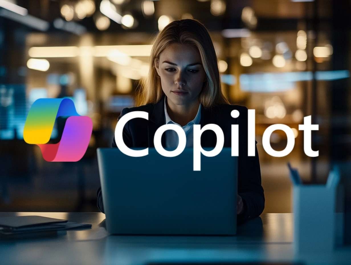 En kvinna tittar ned i sin bärbara dator med Copilot-logotypen och texten Copilot över bilden, vilket illustrerar AI-assistenten i arbete.