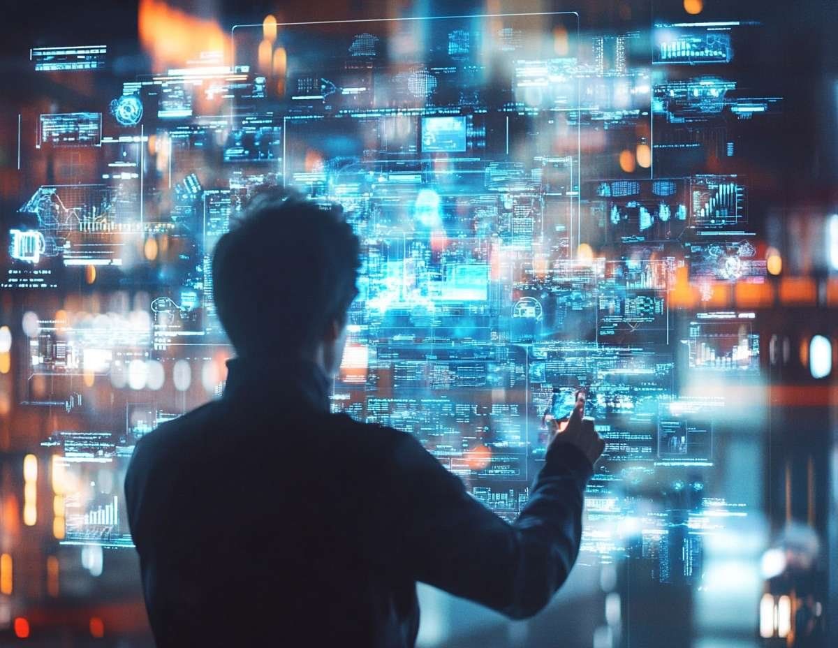 En person bakifrån, med höger hand utsträckt mot en stor, blålysande holografisk display med data och diagram.