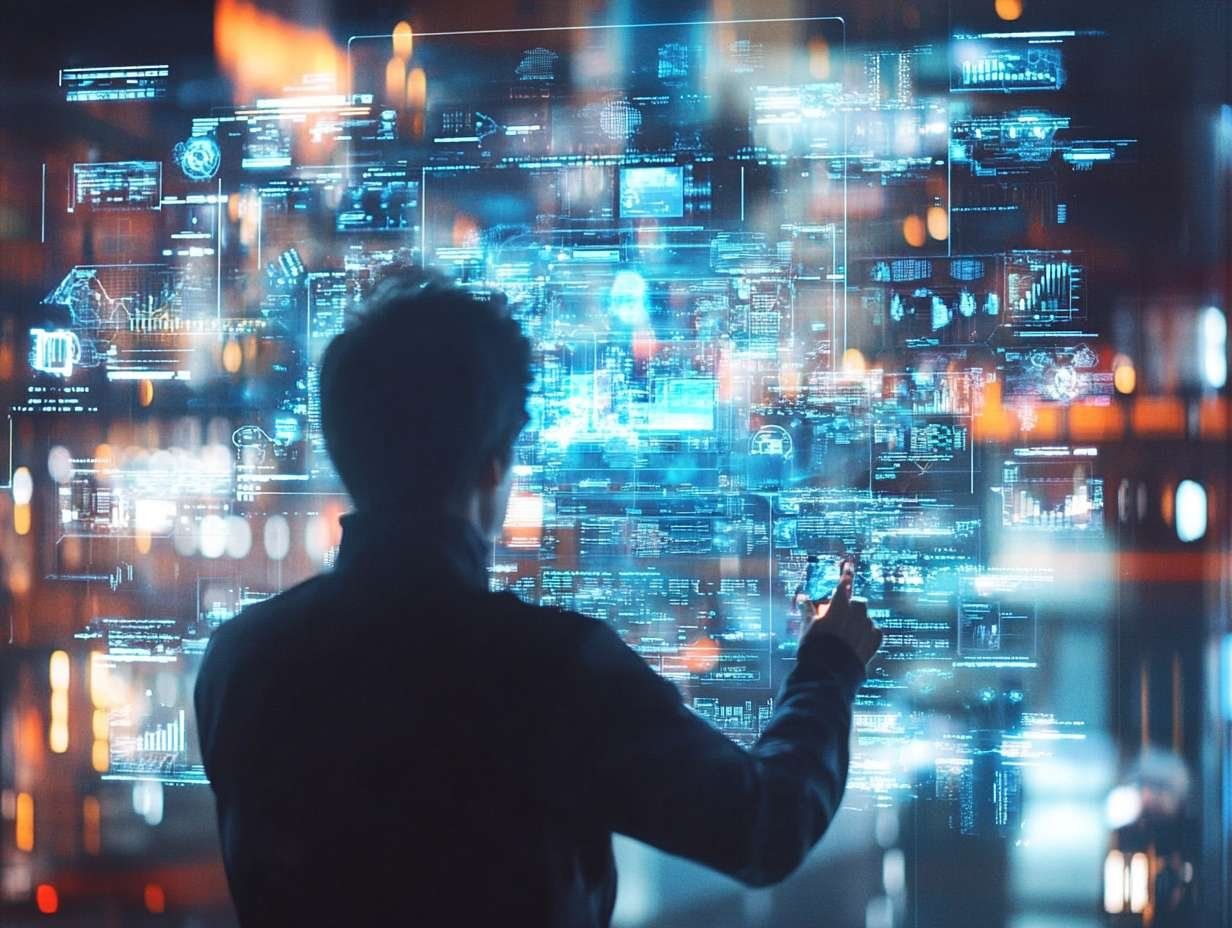 En person bakifrån, med höger hand utsträckt mot en stor, blålysande holografisk display med data och diagram.