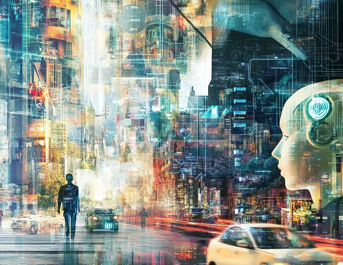 Människa och AI i en futuristisk stadsbild med glänsande byggnader, trafik och ett AI-huvud som symboliserar teknikens närvaro.