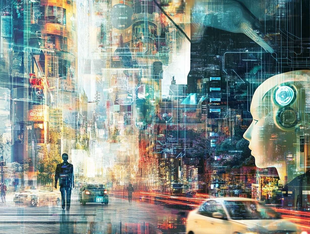 Människa och AI i en futuristisk stadsbild med glänsande byggnader, trafik och ett AI-huvud som symboliserar teknikens närvaro.
