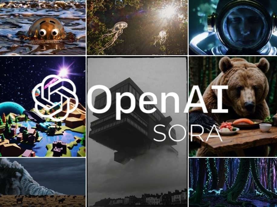 Collage av nio bilder med varierande motiv, där OpenAI SORA står centralt. Det illustrerar Soras mångsidighet i att skapa olika typer av videor.