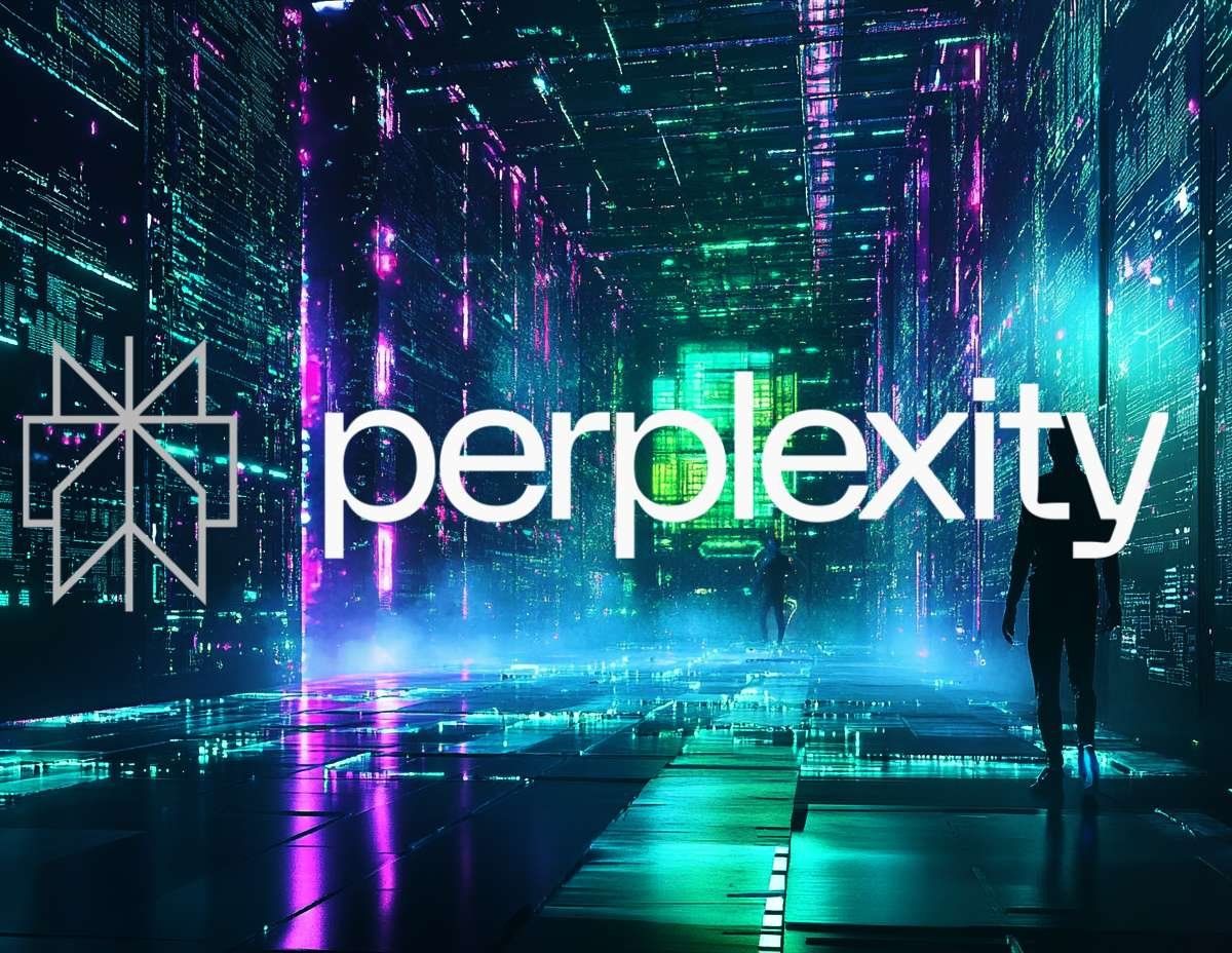 Logotypen Perplexity i vitt och grönt, mot en bakgrund av en futuristisk stad med två silhuetter av människor.