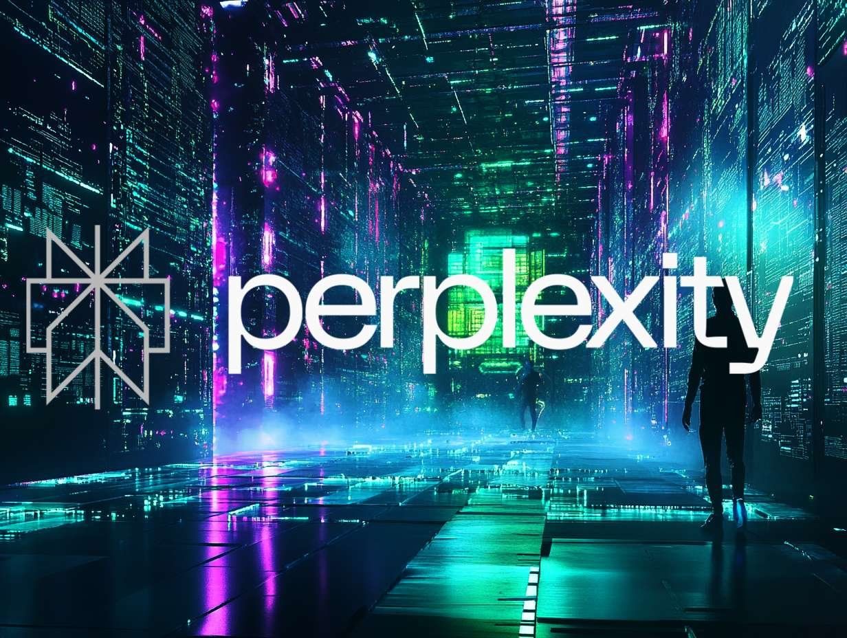 Logotypen Perplexity i vitt och grönt, mot en bakgrund av en futuristisk stad med två silhuetter av människor.