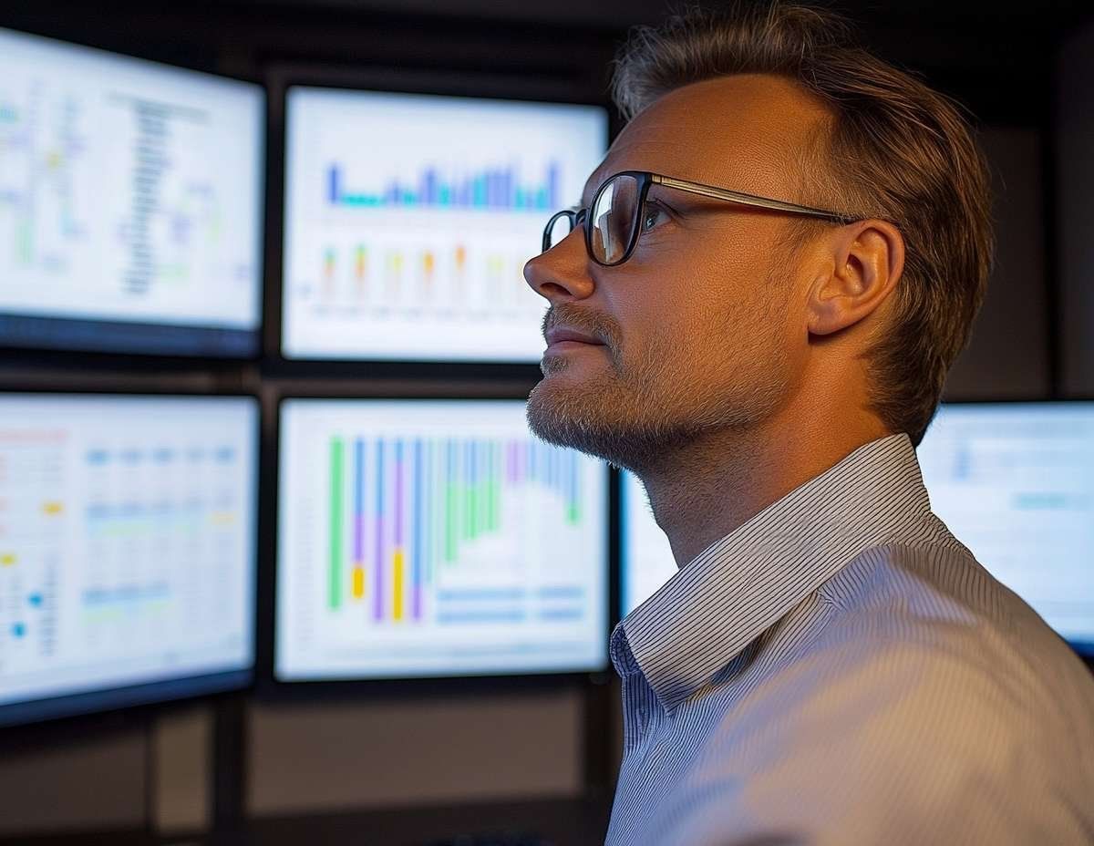 En man i skjorta och glasögon ser uppmärksamt mot flera skärmar med grafer, vilket illustrerar dataanalys.