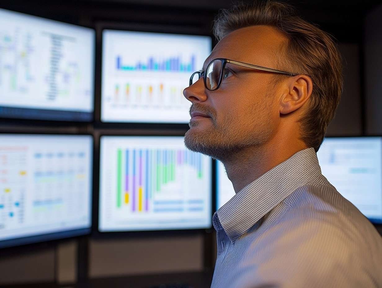 En man i skjorta och glasögon ser uppmärksamt mot flera skärmar med grafer, vilket illustrerar dataanalys.