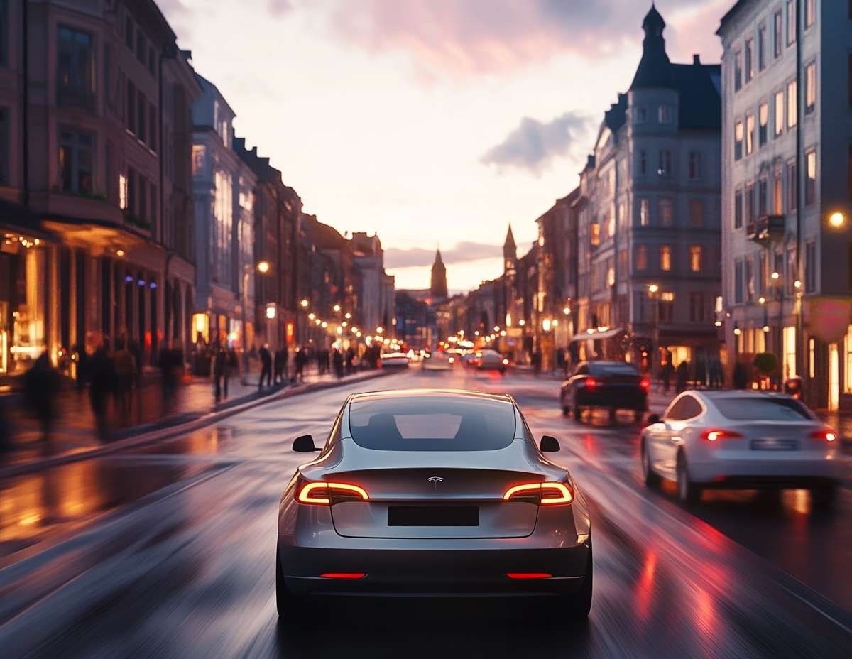 En självkörande Tesla kör genom en upplyst stadsgata i skymningen, med andra bilar och människor i bakgrunden.