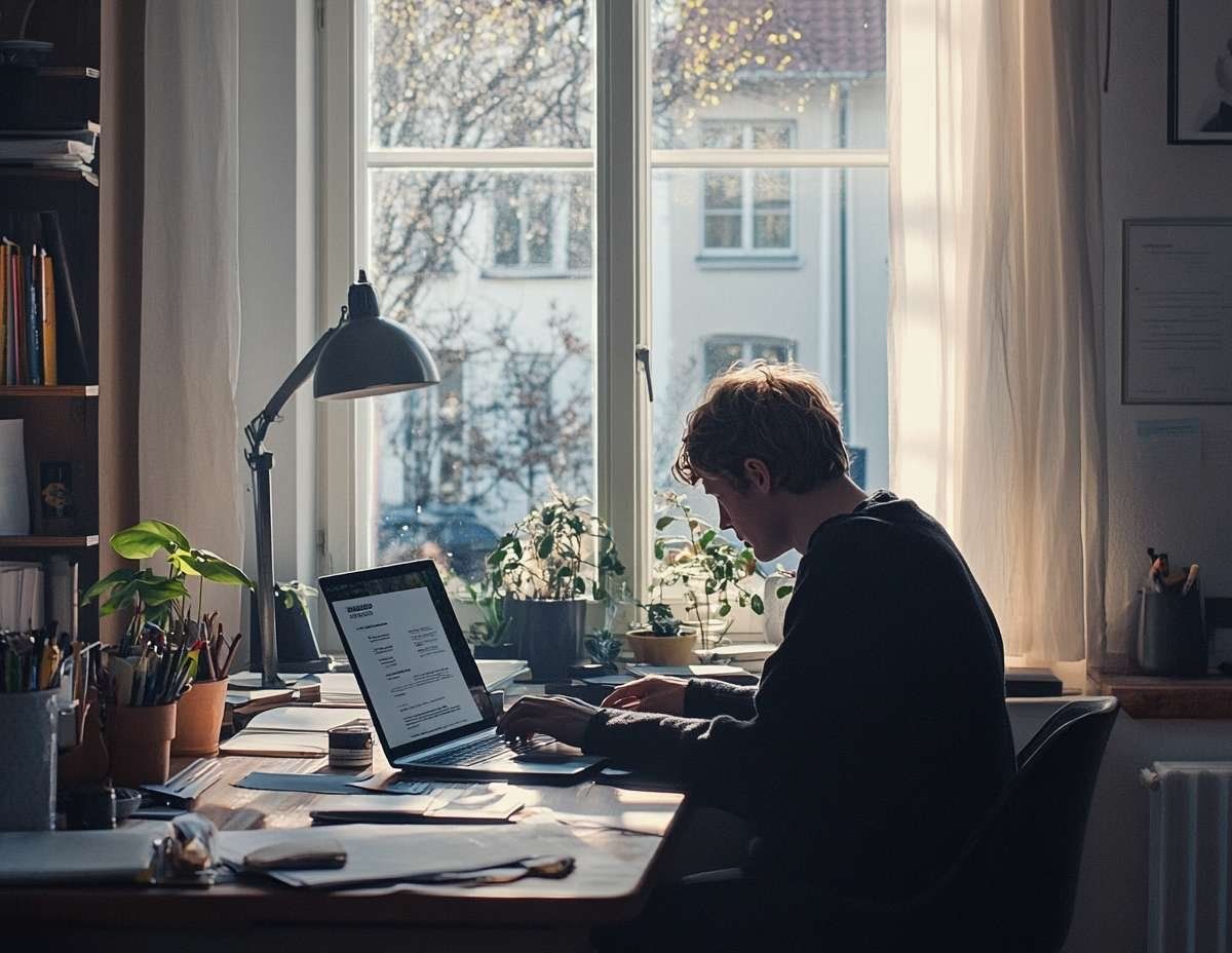 Person som sitter vid skrivbord framför ett fönster och skriver på en laptop med ett CV-dokument på skärmen.