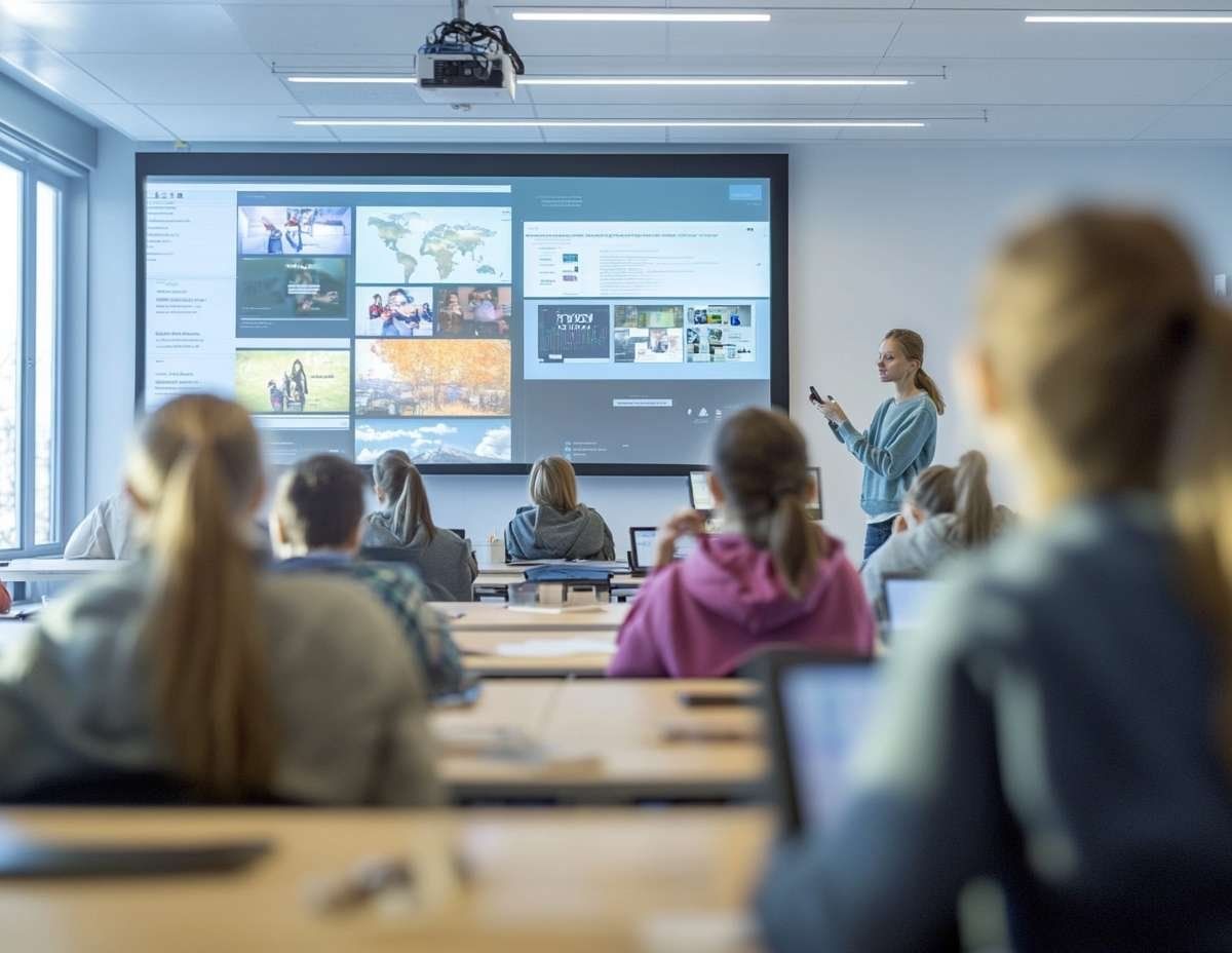 En lärare står framför elever i ett klassrum och håller en presentation med flera bilder på en stor skärm.