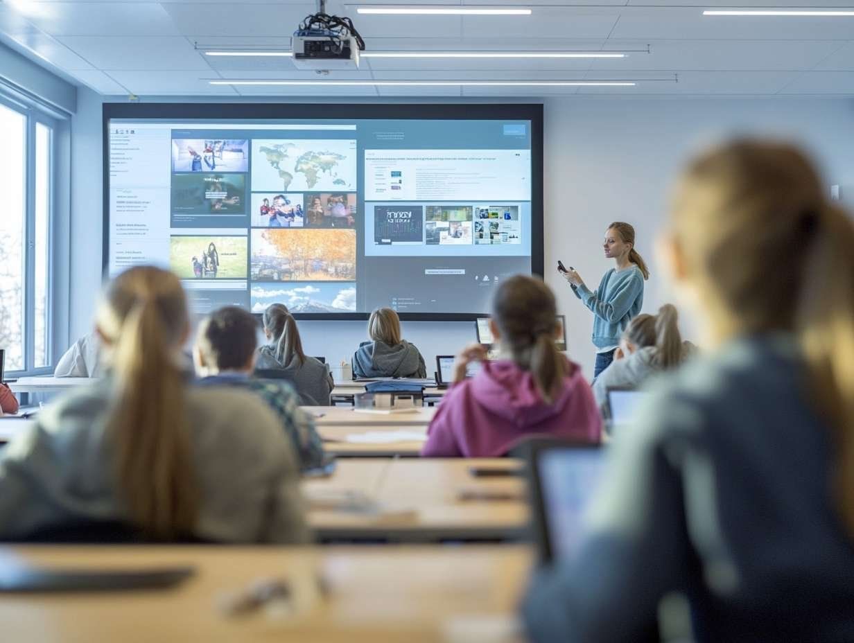 En lärare står framför elever i ett klassrum och håller en presentation med flera bilder på en stor skärm.