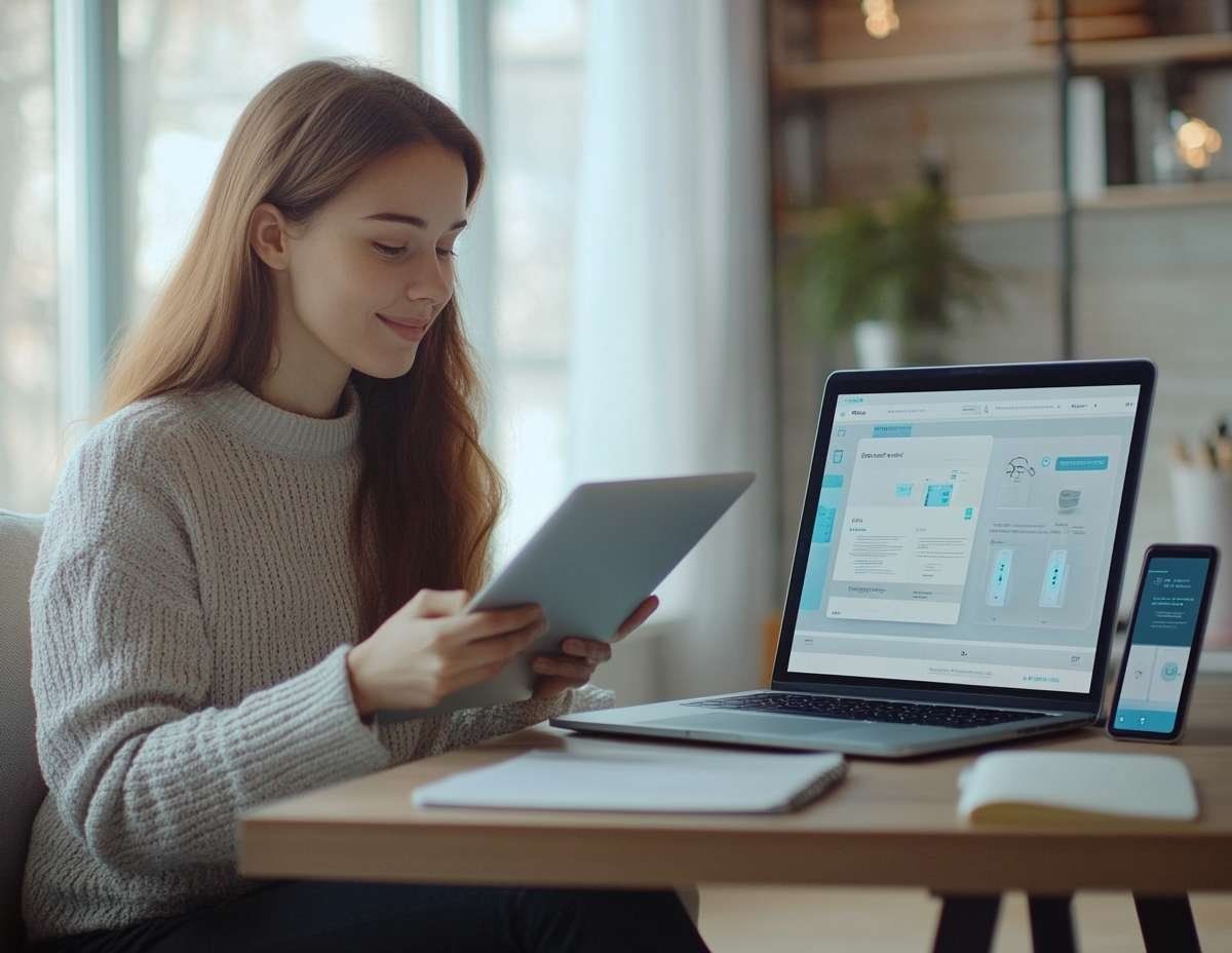Ung kvinna med långt hår sitter med en surfplatta i handen framför en laptop som visar AI-verktyg.