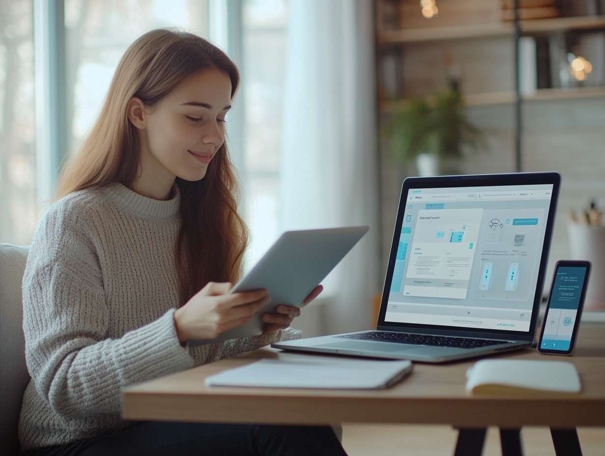 Ung kvinna med långt hår sitter med en surfplatta i handen framför en laptop som visar AI-verktyg.