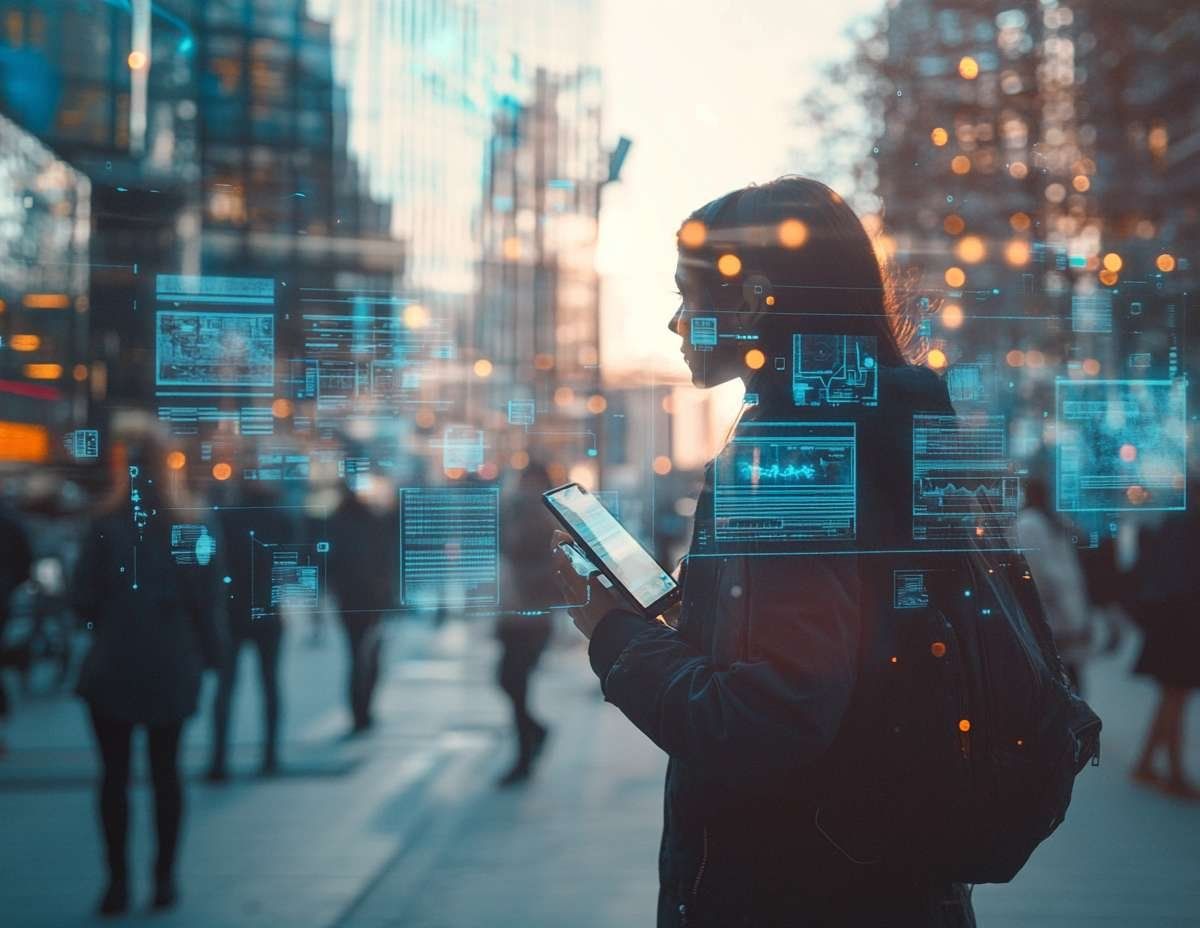 En person med ryggsäck håller i en smartphone och omges av digitala gränssnitt och människor på en stadsgata.