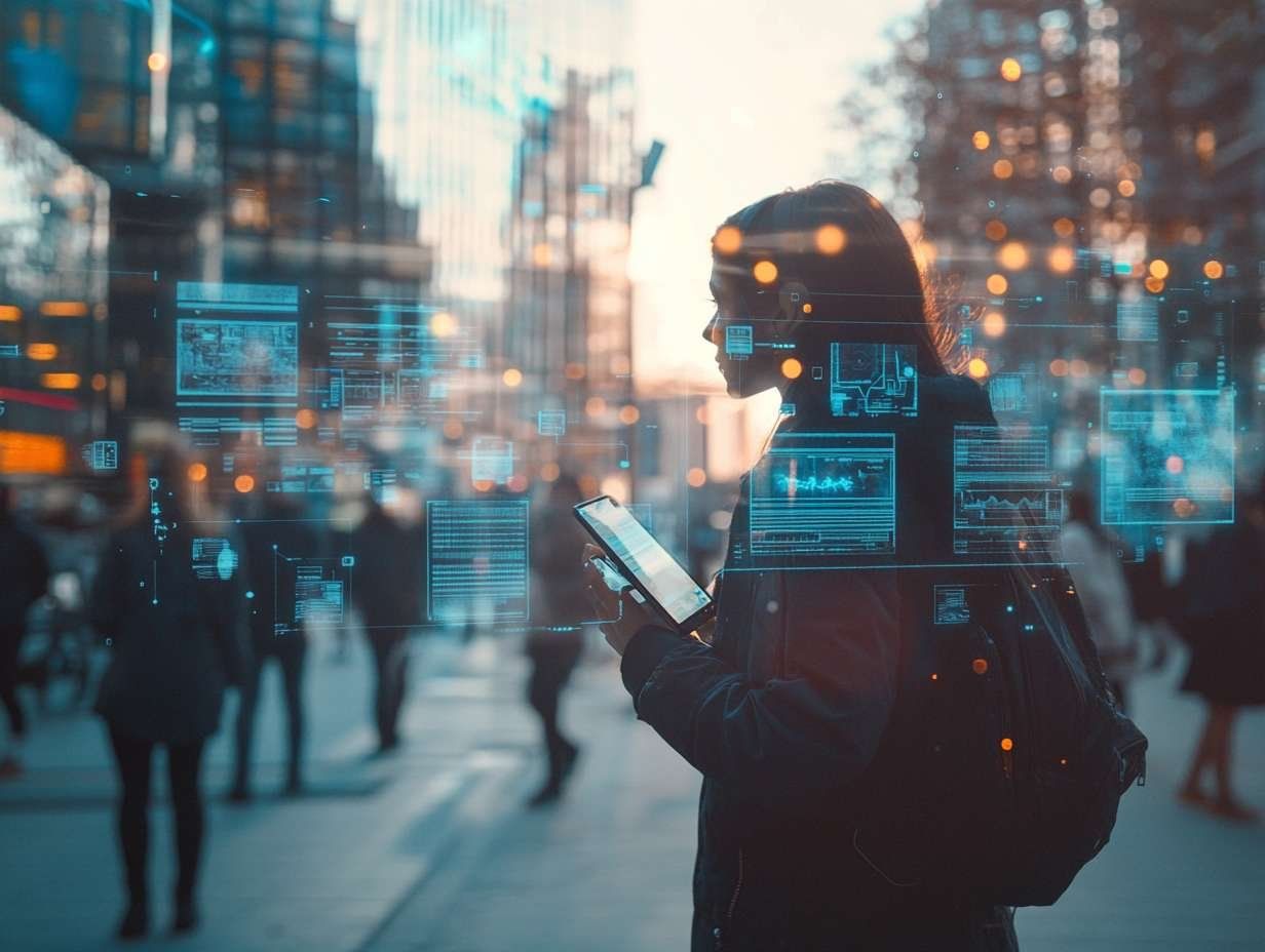En person med ryggsäck håller i en smartphone och omges av digitala gränssnitt och människor på en stadsgata.