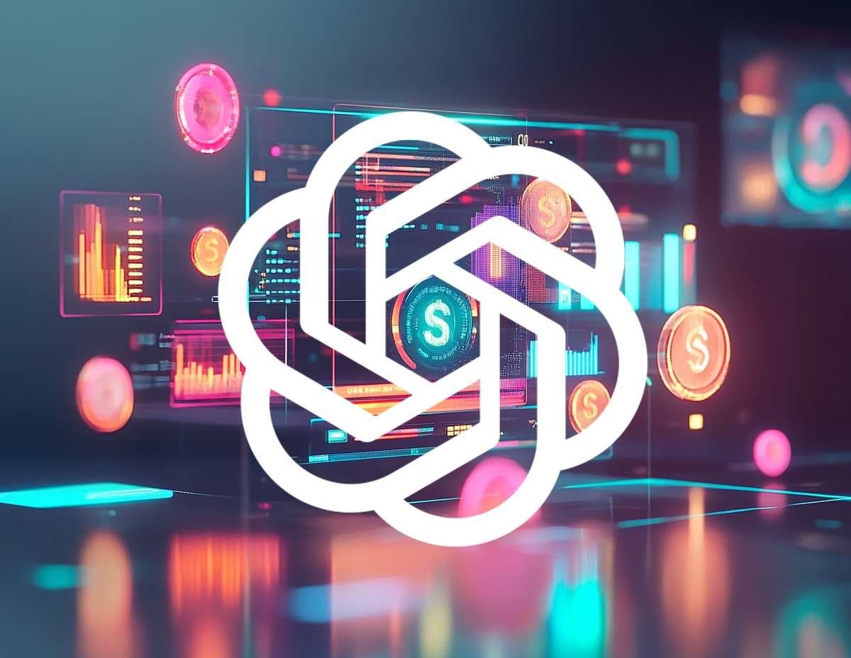 OpenAI-logotyp framför en skärm med färgglada grafer, statistik och mynt.