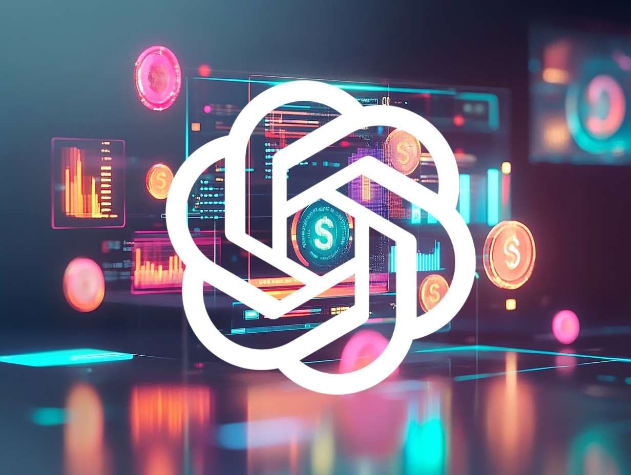 OpenAI-logotyp framför en skärm med färgglada grafer, statistik och mynt.