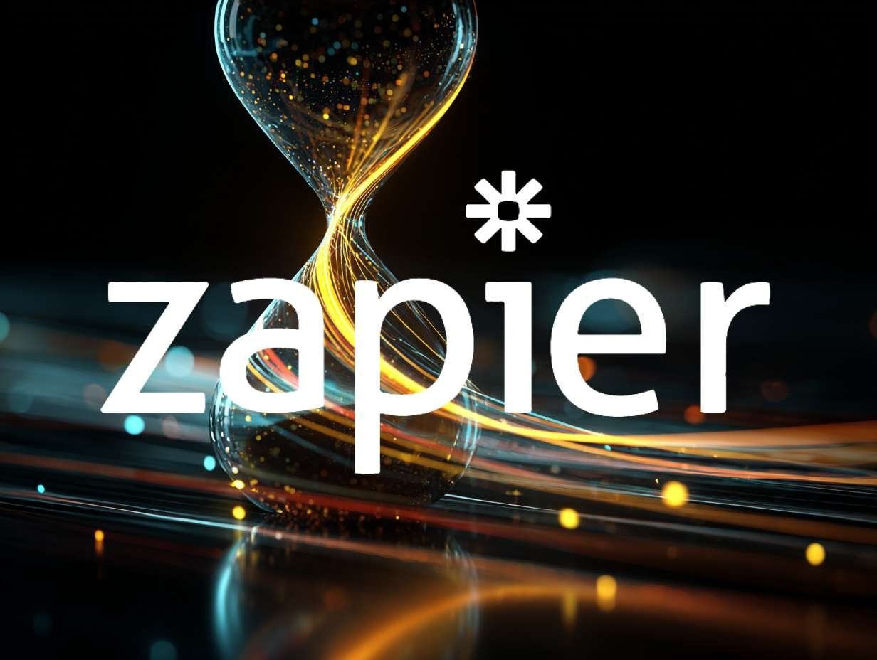 Vit text med Zapier-logotypen framför ett timglas fyllt med gyllene och blå ljuspunkter som flödar, symboliserar tidsbesparing.