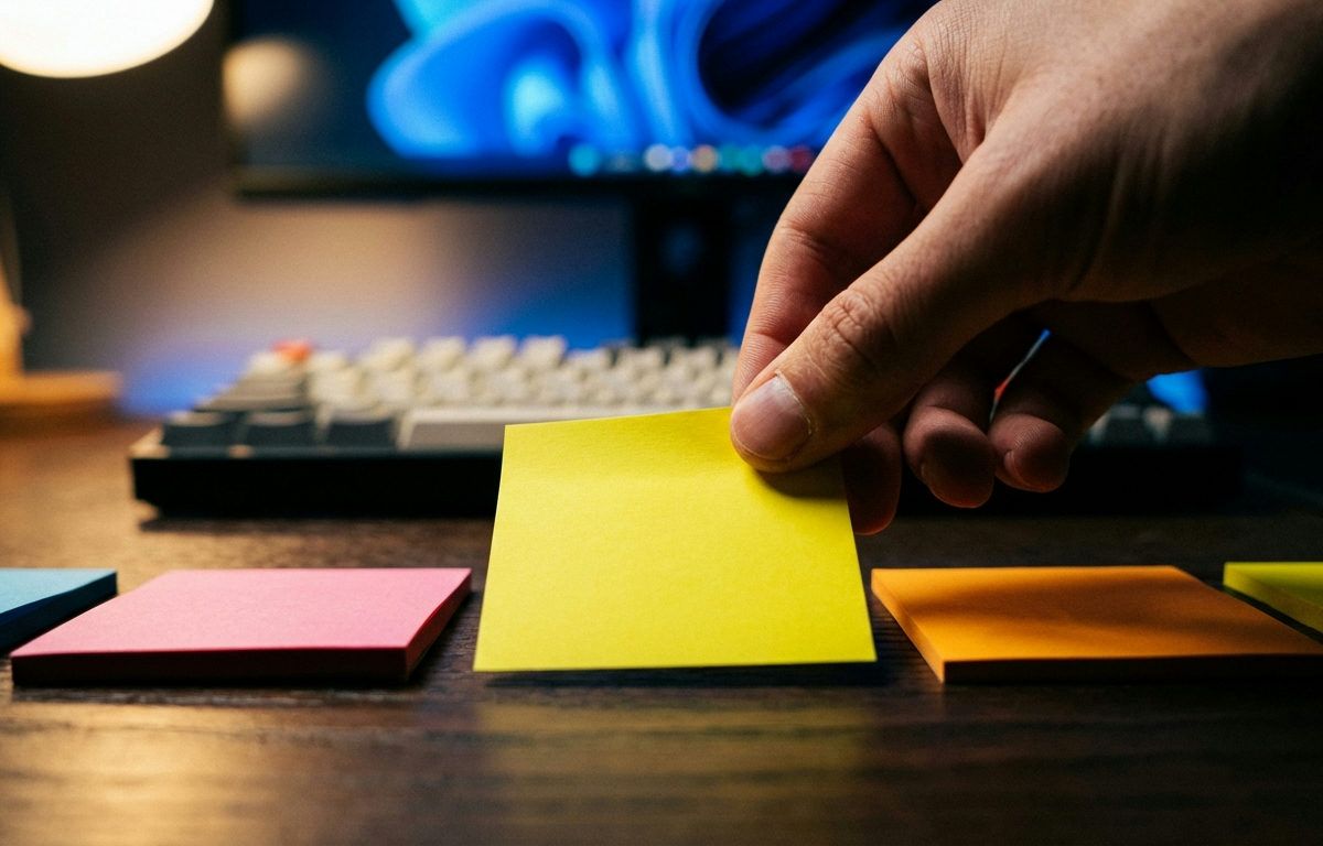 Hand placerar gul post-it-lapp bland färgade lappar på mörkt skrivbord. Skarpa fingrar, suddigt tangentbord.