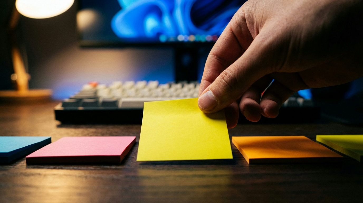 Hand placerar gul post-it-lapp bland färgade lappar på mörkt skrivbord. Skarpa fingrar, suddigt tangentbord.