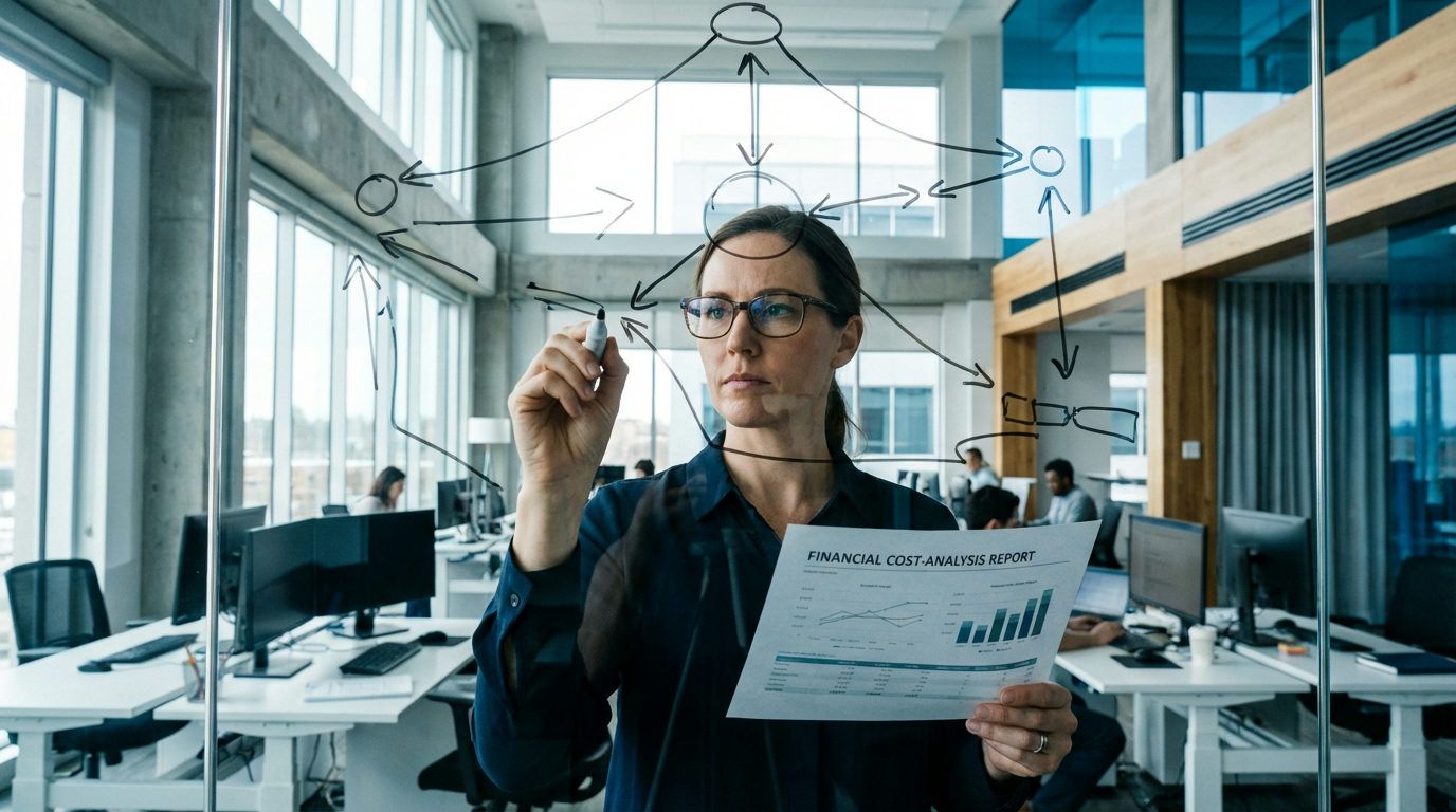 Systemarkitekt ritar ett flödesdiagram på en glastavla med en kostnadsrapport i handen.