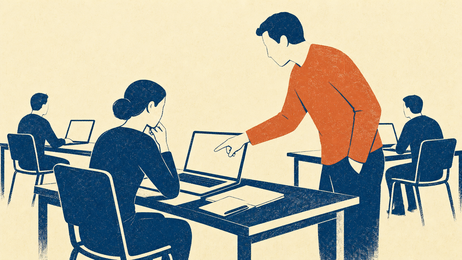 Illustration i screentryck: en person sitter vid ett bord med en uppfälld bärbar dator och några papper, medan en annan person står lutad intill och pekar mot skärmen. Bakom dem syns ytterligare bord med varsin sittande person och egen skärm.