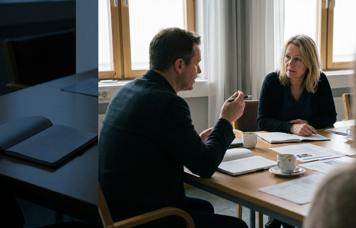 Two managers in conversation across a table in a small meeting room. Notepads, papers and coffee cups on the table, no screens.