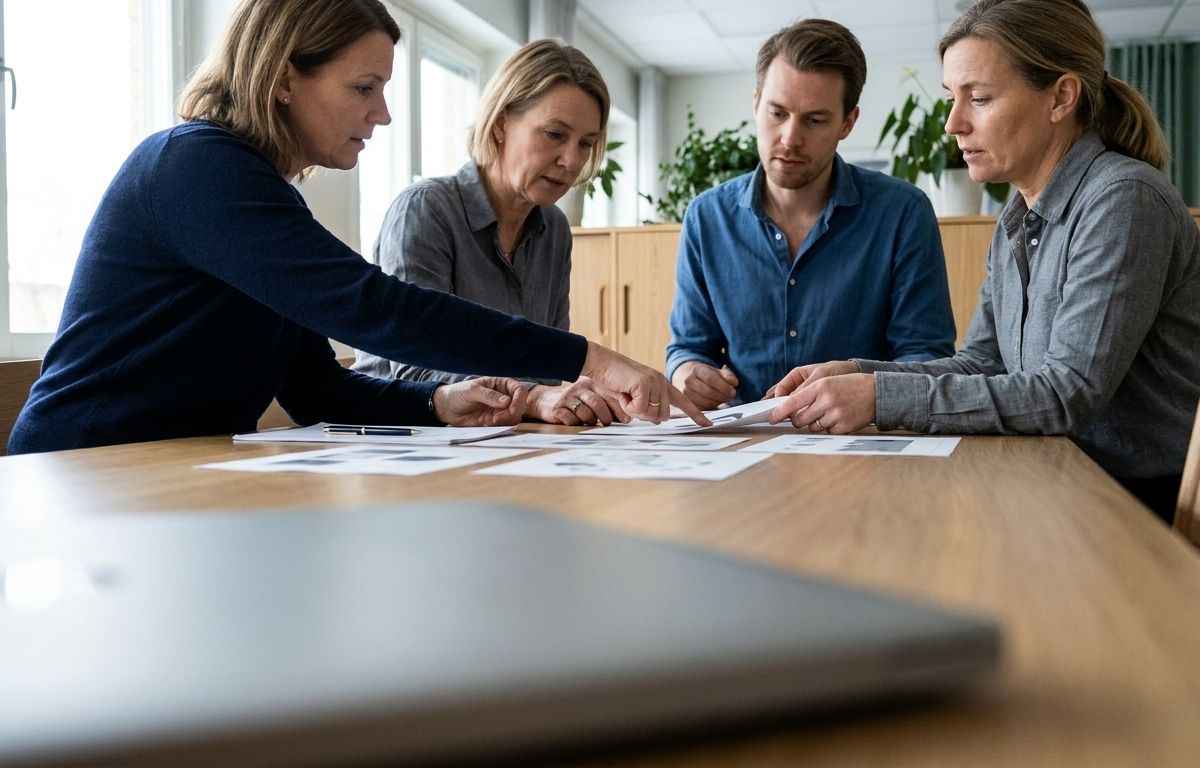 Three colleagues planning the training at a table, with printed sheets laid out in rows in front of them. No screens.