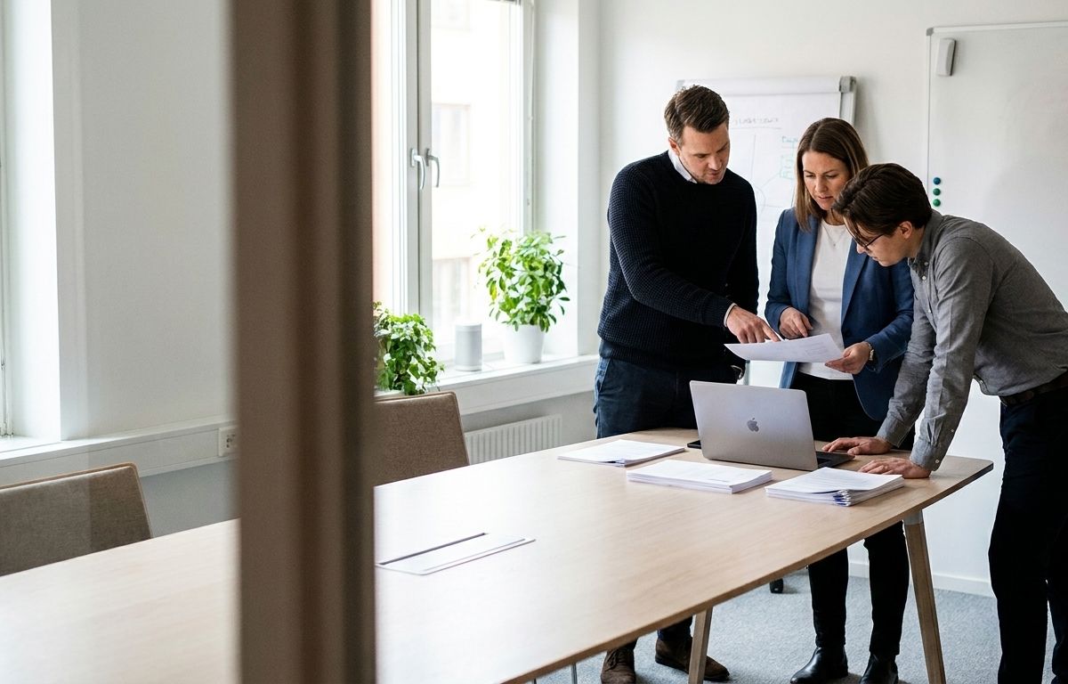 Three people review documents together for the procurement of an AI training programme.