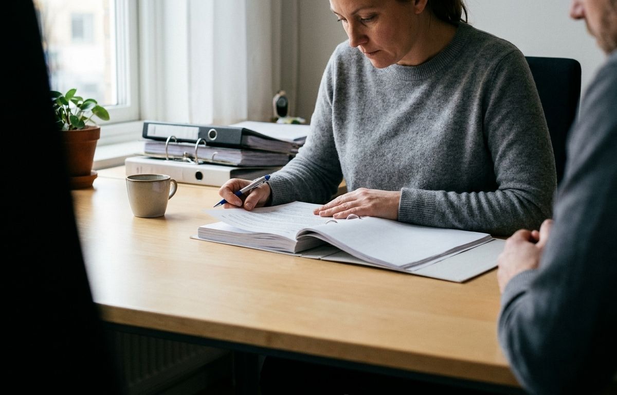 A caseworker reading through a printed case file at her desk, pen against the margin. No screens.
