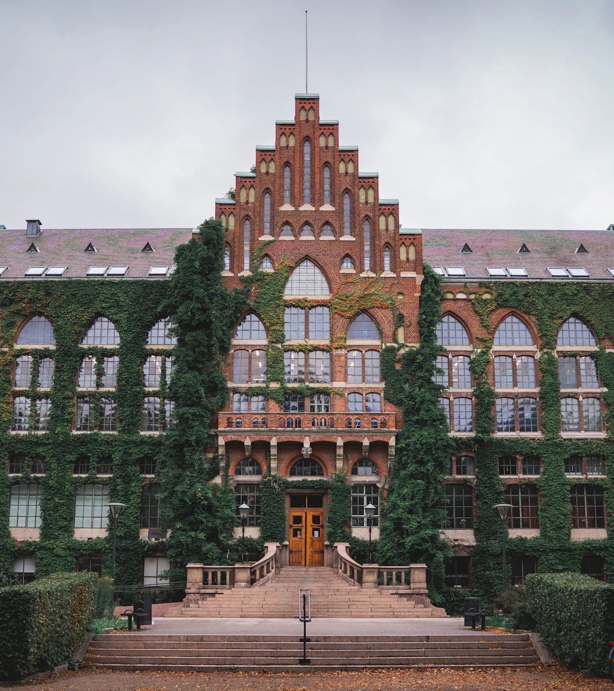 Universitetsbiblioteket i Lund med murgröna på tegelfasaden.