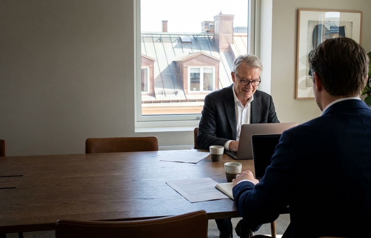 A chief executive works at his laptop in a boardroom overlooking metal rooftops, while the trainer sits opposite with his back to the camera.