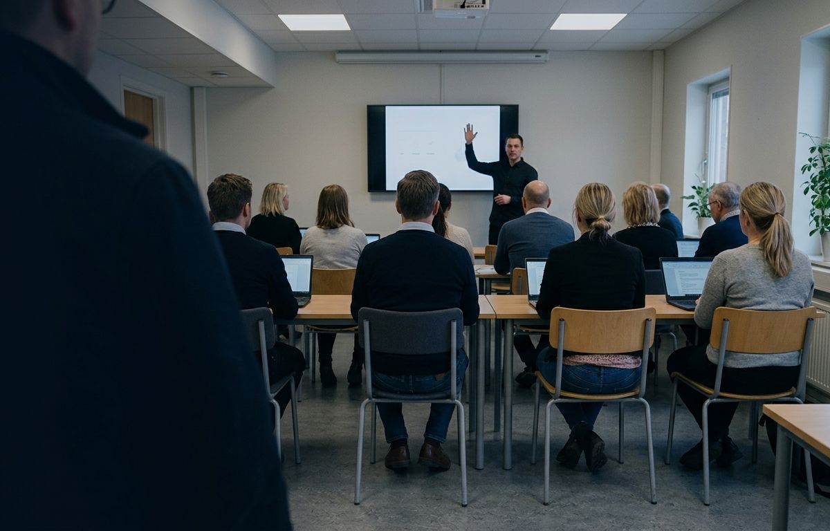 A training session in a small room, seen from behind two participants. About ten people sit at tables with laptops open, and a teacher stands at a screen at the front.