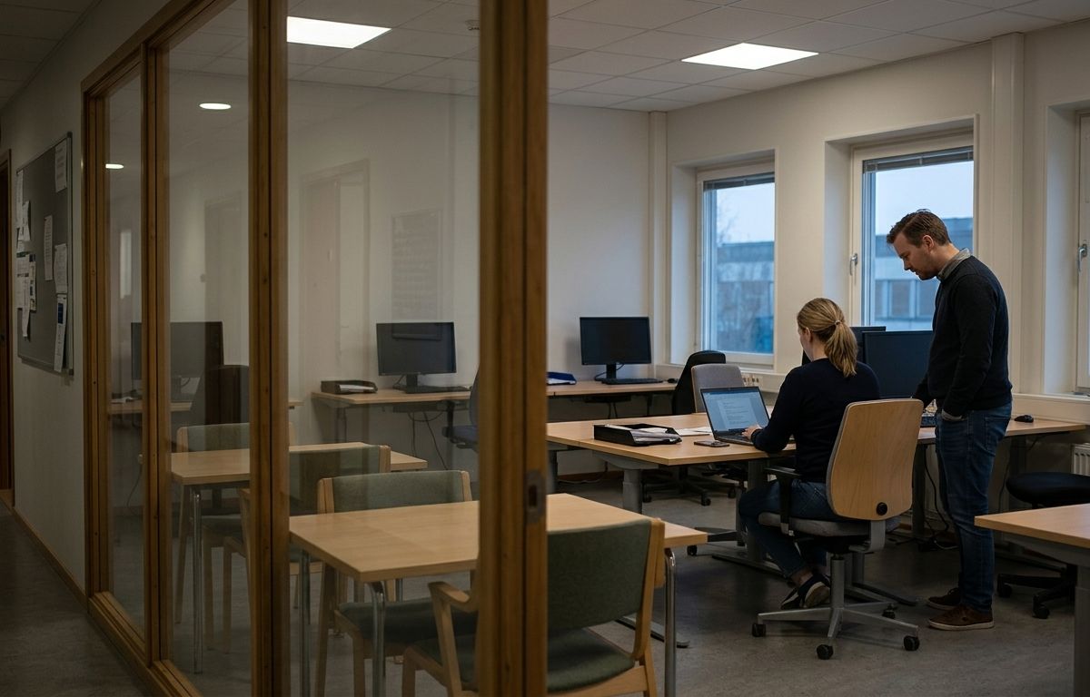 Ett halvtomt kontor sett genom en glasvägg från en korridor. Två personer arbetar kvar vid en skärm, och flera skrivbord står tomma med släckta skärmar.