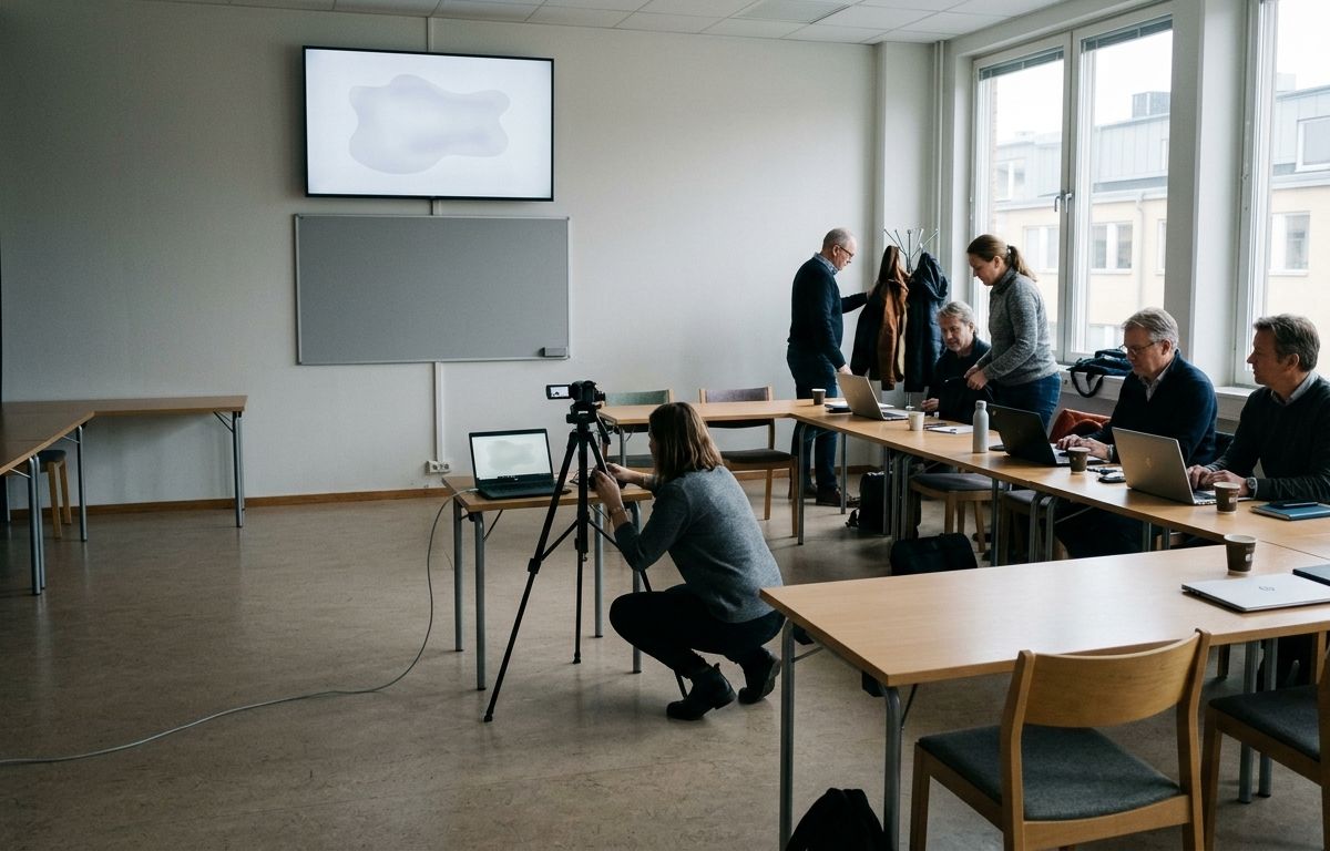 A session being set up. One person adjusts a video camera on a tripod while participants take their seats at the tables further into the room.