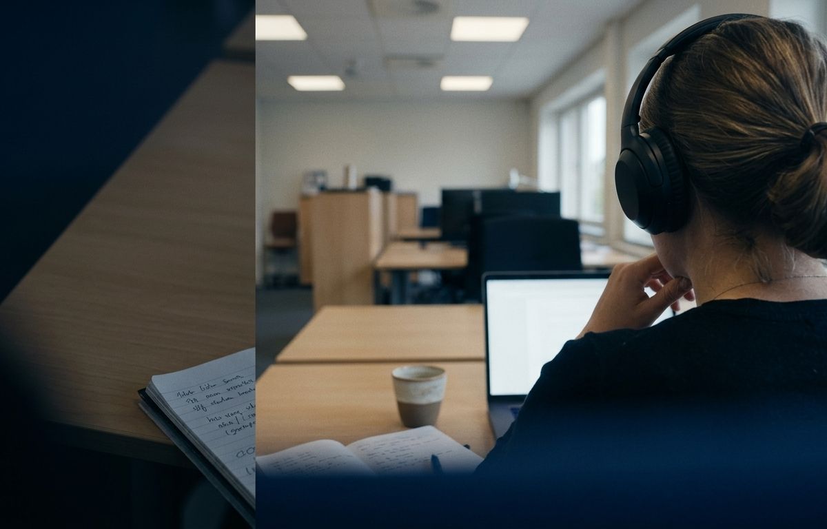 En person med hörlurar sitter vid sitt eget skrivbord och följer en utbildning på skärmen. Tomma platser i bakgrunden.