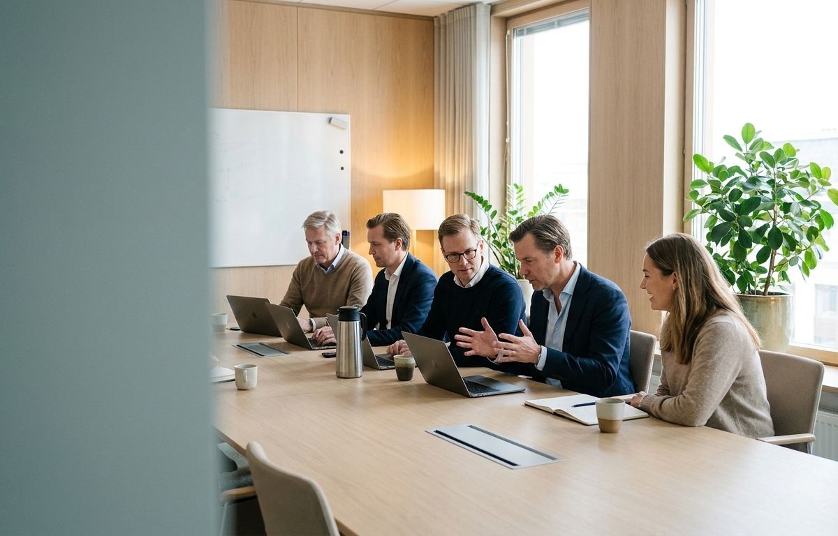 Participants on an open AI course sit along one side of a long table in a bright meeting room, each with their own laptop, while two of them lean towards the same screen.
