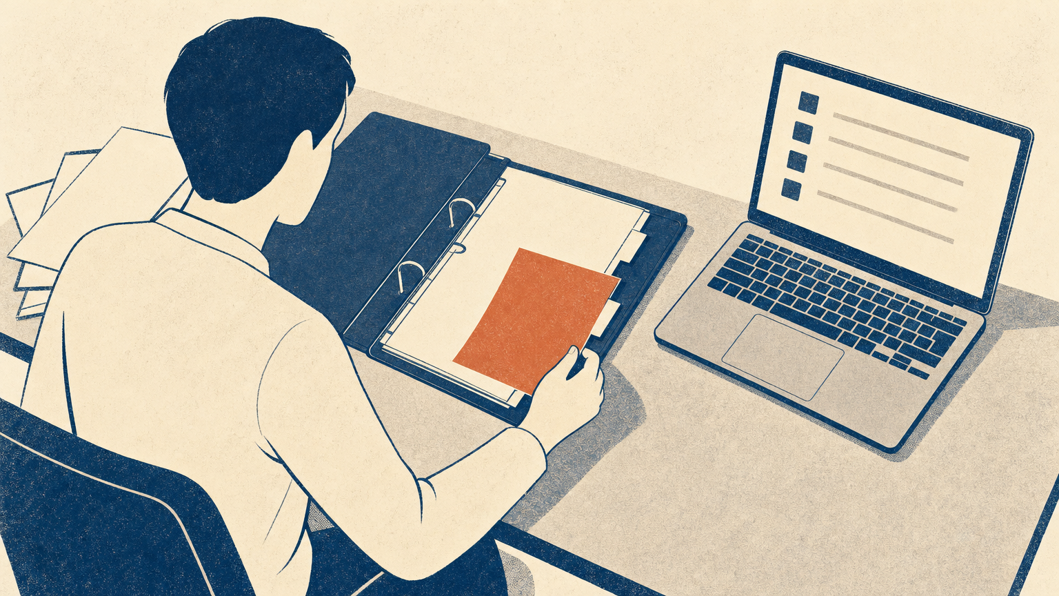 Illustration i screentryck: ett skrivbord sett snett ovanifrån med en öppen mapp där några ark saknas och lämnar luckor, en uppfälld bärbar dator som visar en lista, och en sittande person som lägger tillbaka ett papper i mappen.