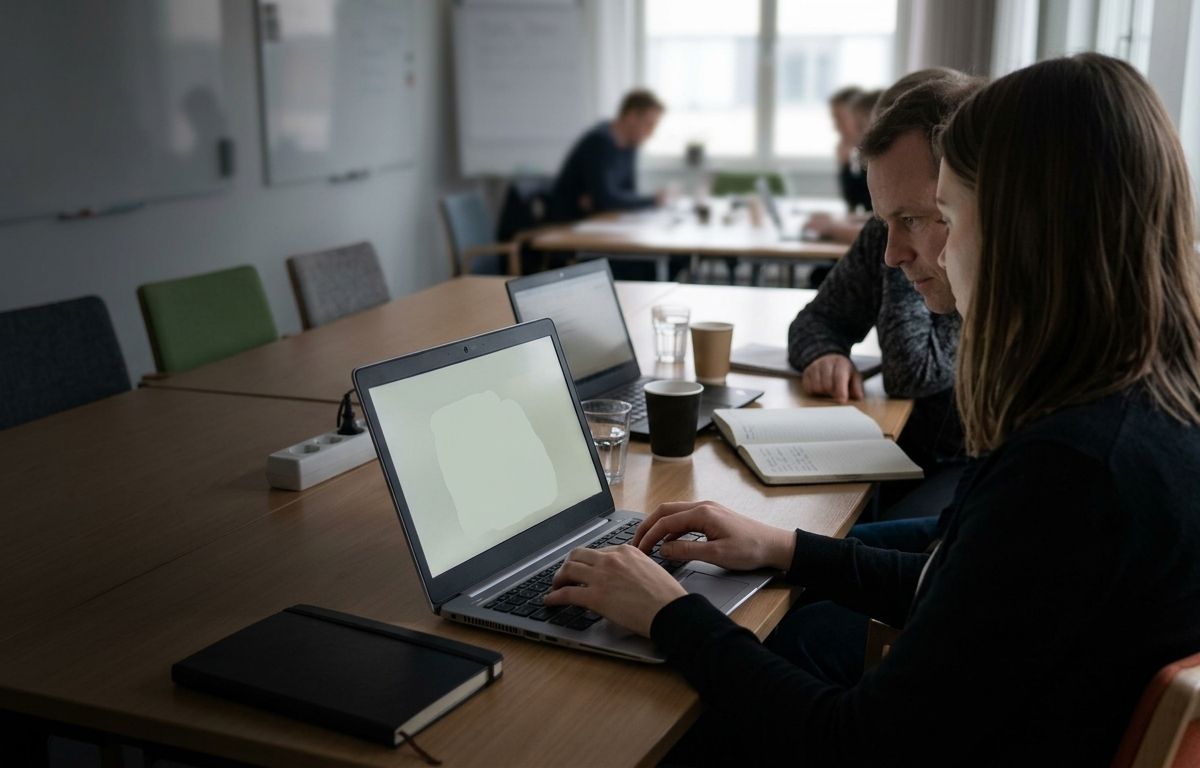 Närbild över en deltagares axel under en workshop. Händerna vilar på tangentbordet och en kollega har lutat sig in för att titta på samma skärm.