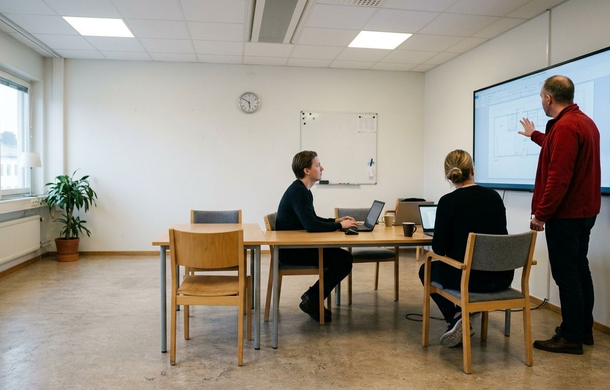 Someone showing a document on a large wall screen to a few colleagues at a meeting table. The screen carries a light layout and the participants are turned towards it.