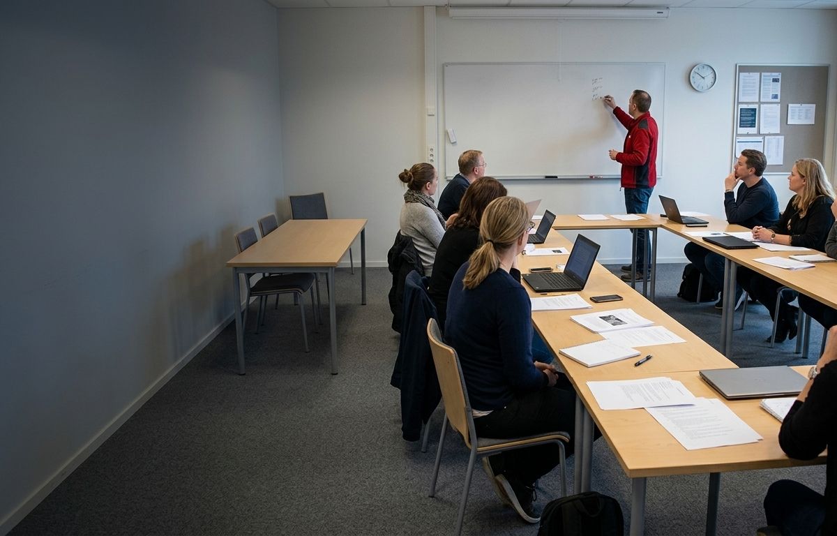 Ett utbildningsrum sent i ett program. Deltagarna sitter glest med utspridda papper framför sig, och en av dem står vid whiteboarden.