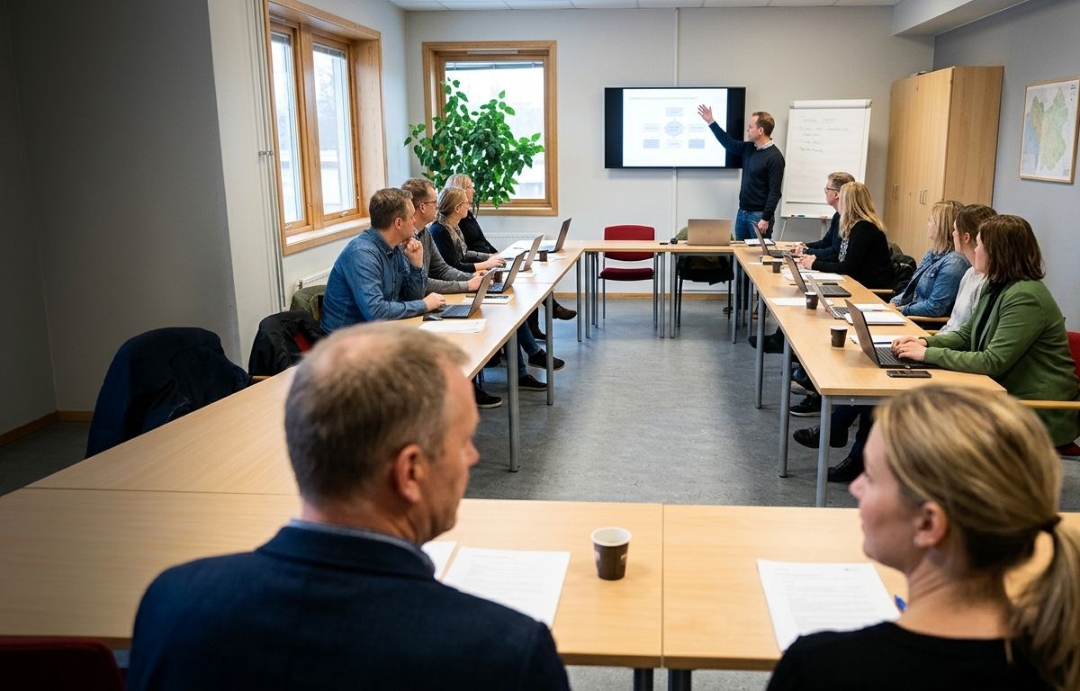 An introductory course seen from behind two participants. About ten people sit at tables with laptops open, and a teacher stands at a screen at the front.