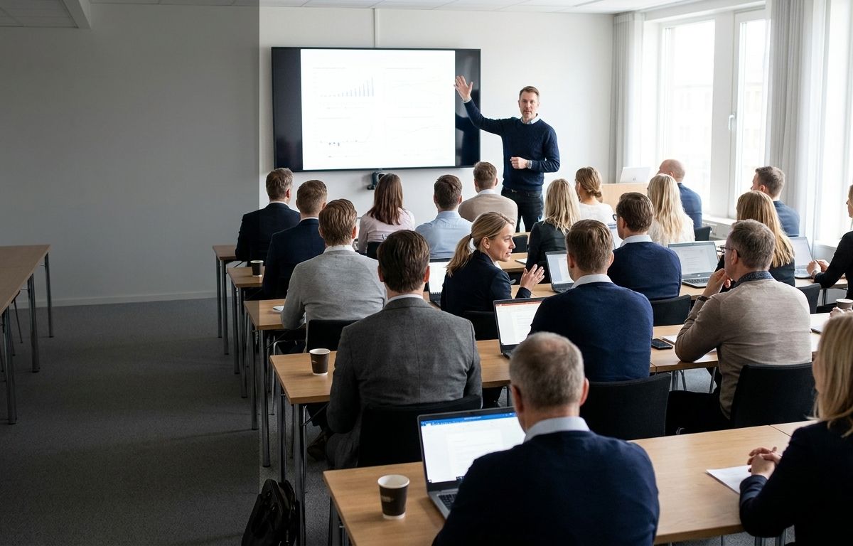 En personalgrupp följer en genomgång vid skärmen under en utbildning i ChatGPT.