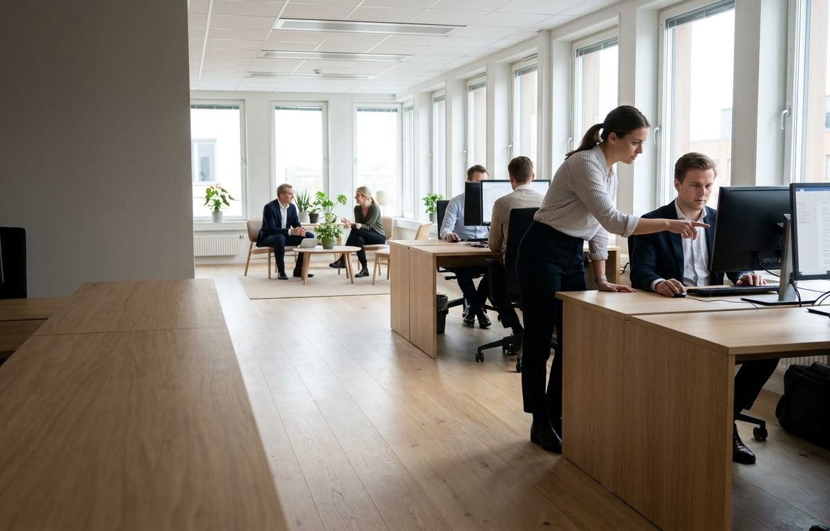 En kollega hjälper en annan vid skärmen på ett kontor där arbetet redan sker i Microsoft 365.