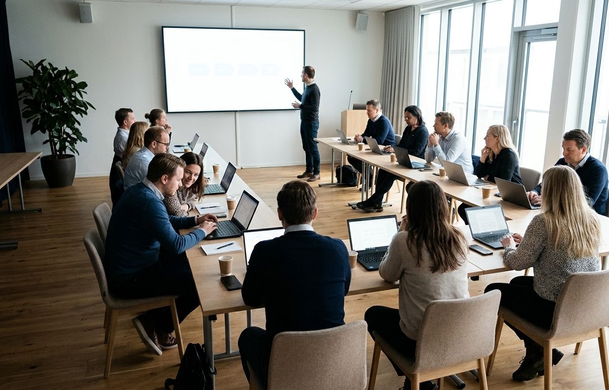 A training session in a large, bright meeting room. Participants sit at tables with laptops open, and one person stands at the screen explaining.