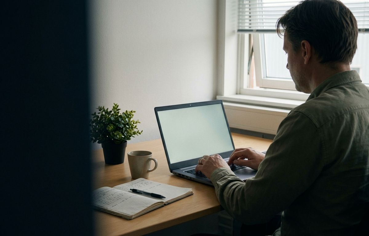 A person at their desk in a small room, part way through writing a reply. A notebook, a pen and a mug stand beside the laptop.